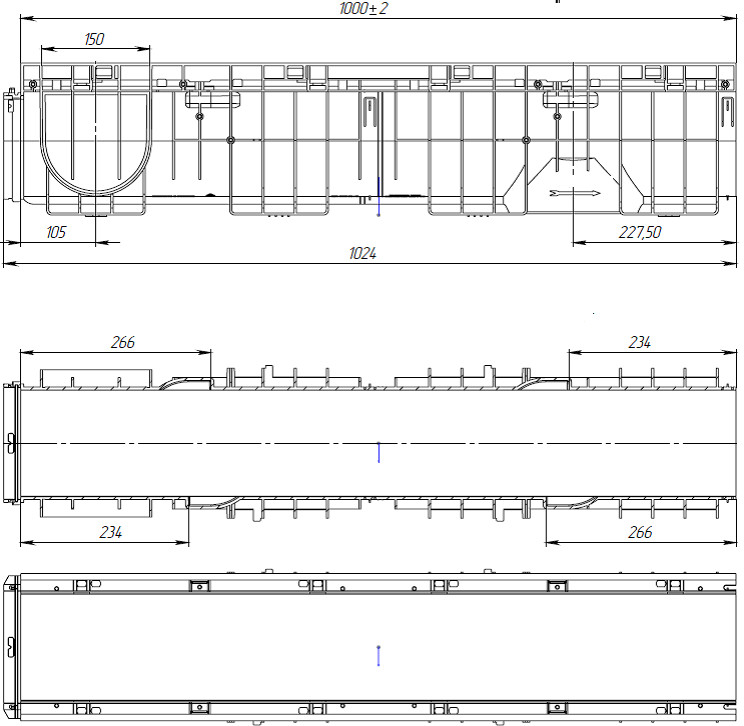 Чертеж пластикового лотка PolyMax Basic DN150 H217