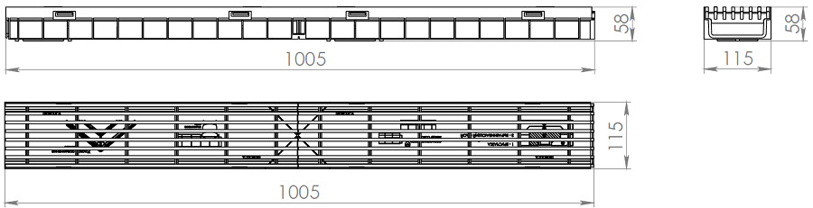 Чертежный вид Gidrolica Light DN100 H55 с пластиковой решеткой A15